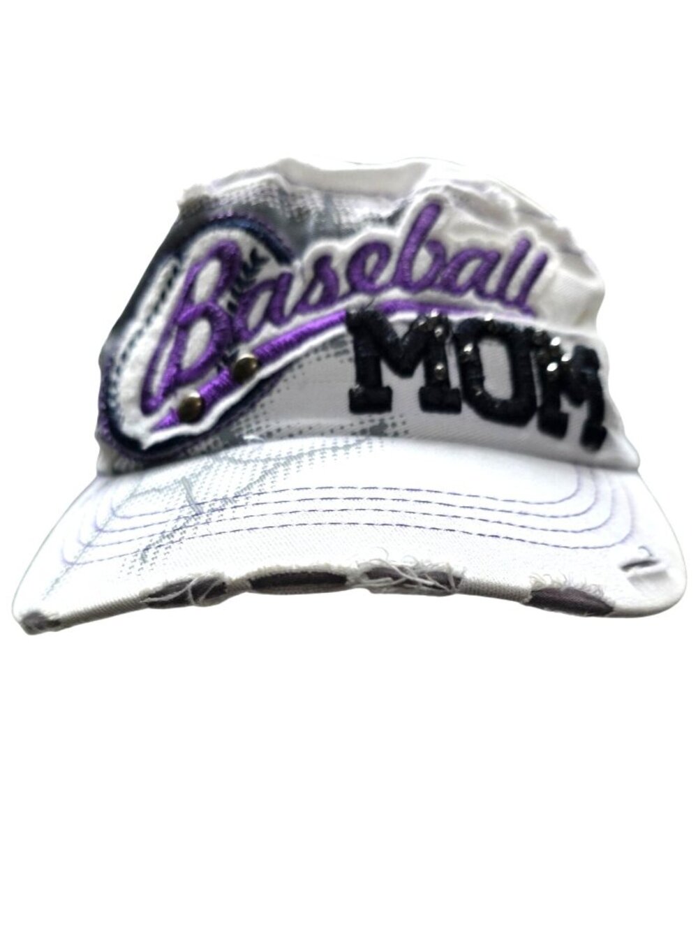 Baseball Mom Embroidered Cap Hat White Purple Adjustable Distressed